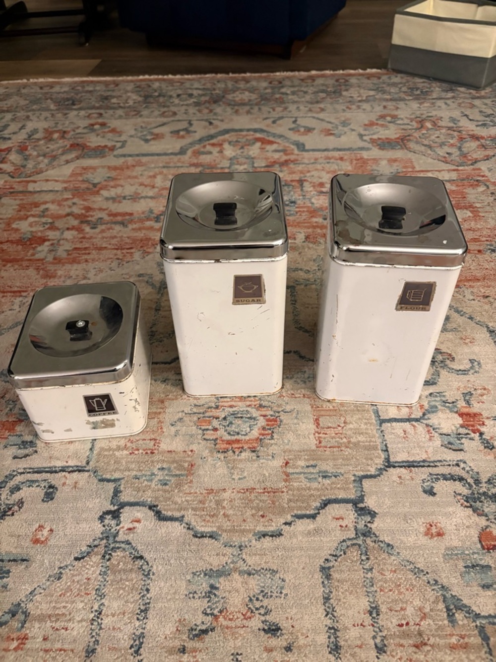 Vintage 1950s MCM Aluminum Kitchen Canisters Matching Set 3pc Atomic Tulip USA